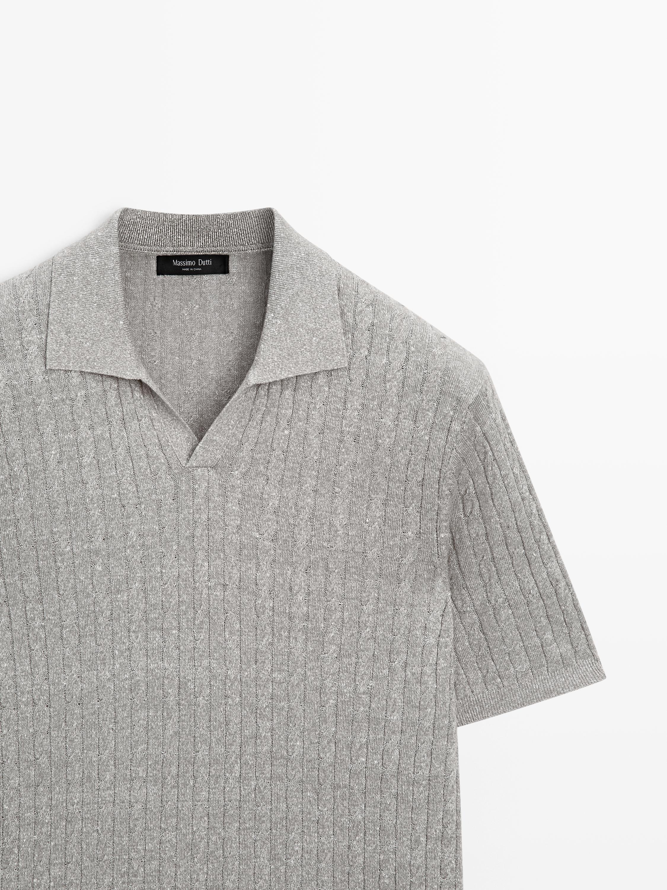Cotton and linen cable-knit polo sweater